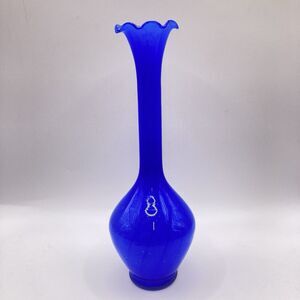 Vintage Cobalt BlueHand Blown Glass Vase Fluted Edge Napco Ware 8” Tall